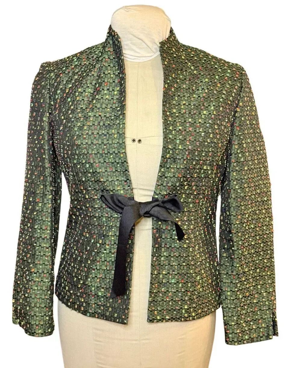 Jessica Howard Green Blazer Jacket Tie Front Sz.6 1990’s Y2K Stand Up Collar
